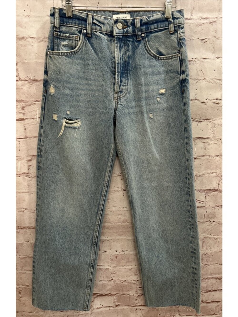 Anine Bing Gavin Jeans Relaxed Straight Leg Cropped Distressed Light Wash Sz 26